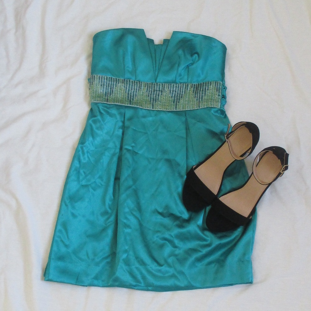 Teeze Me Blue-Green Formal Strapless Dress